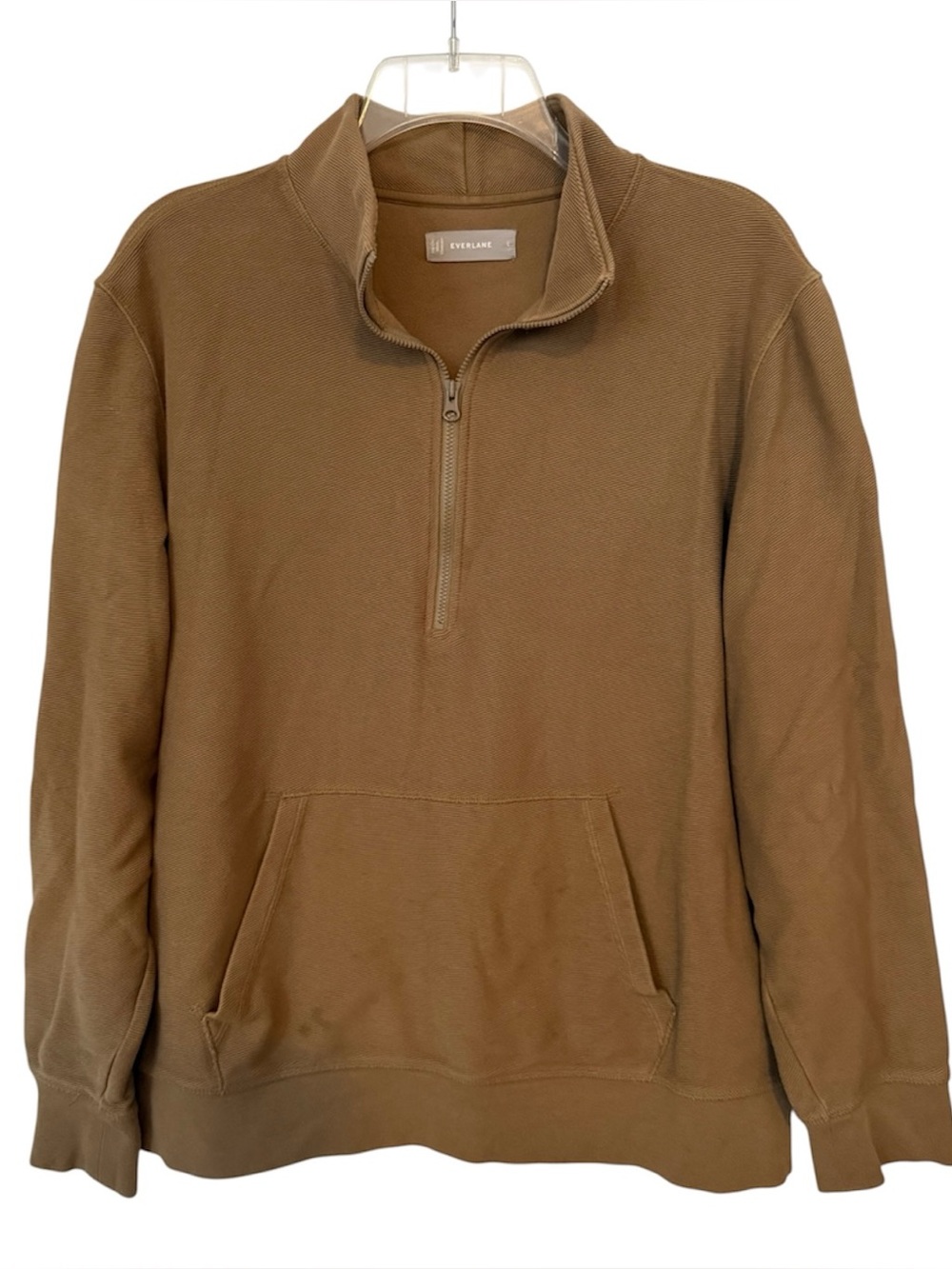 Everlane Men's Cotton 1/2 Zip Collared Pullover with Kangaroo Pocket Brown L
